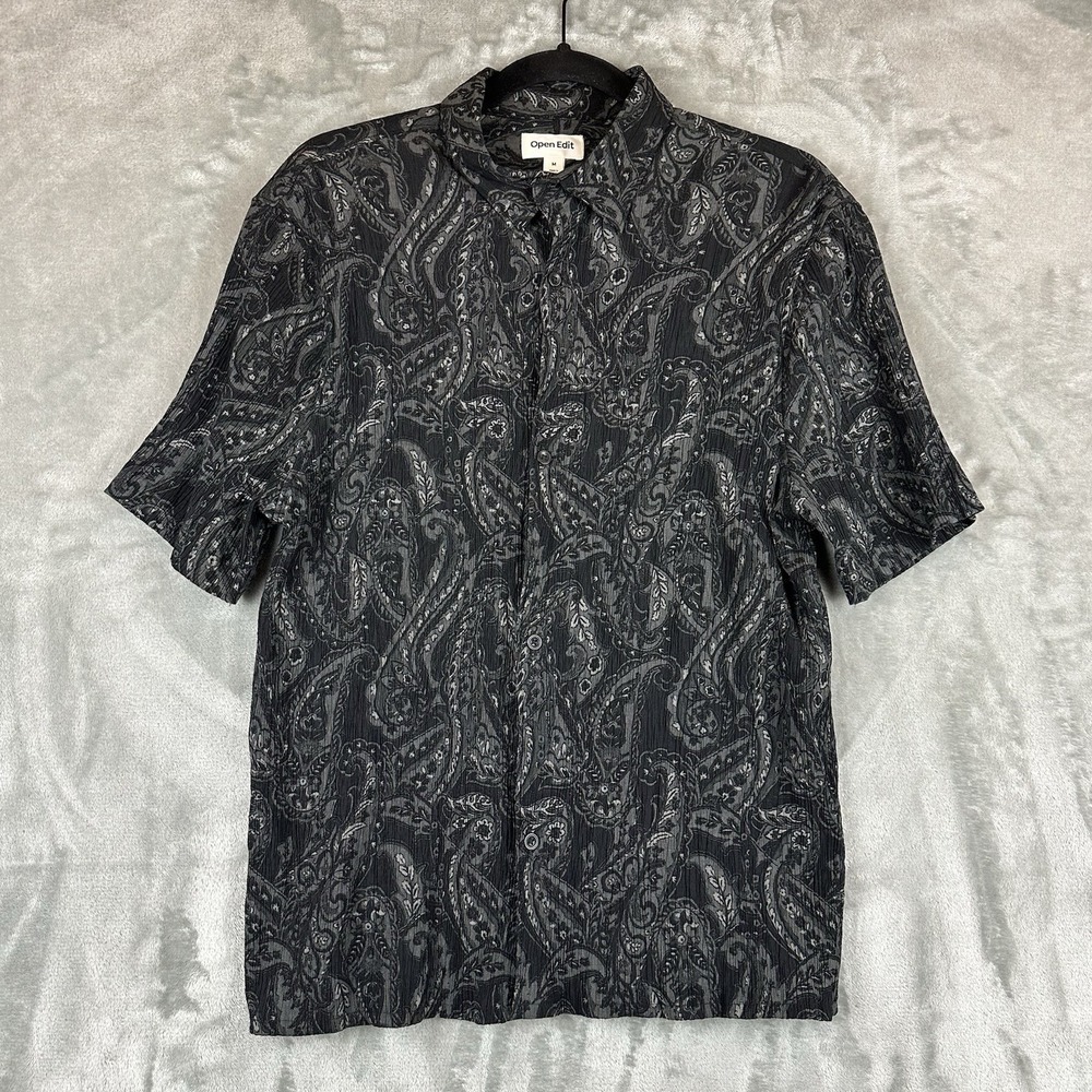 Open Edit Button Down Shirt Men's M Black Gray White Paisley Print